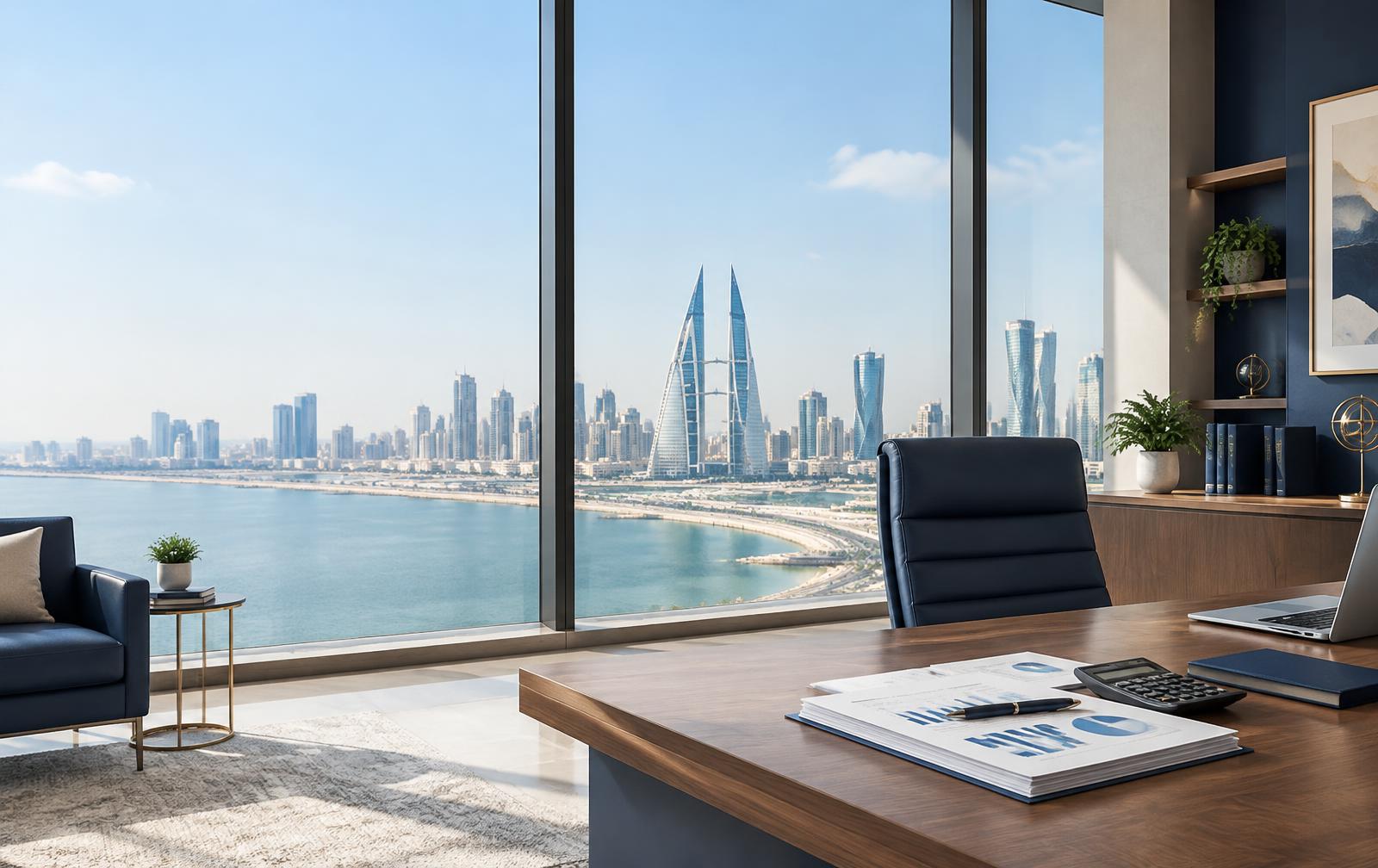 A modern accounting office overlooking Bahrain